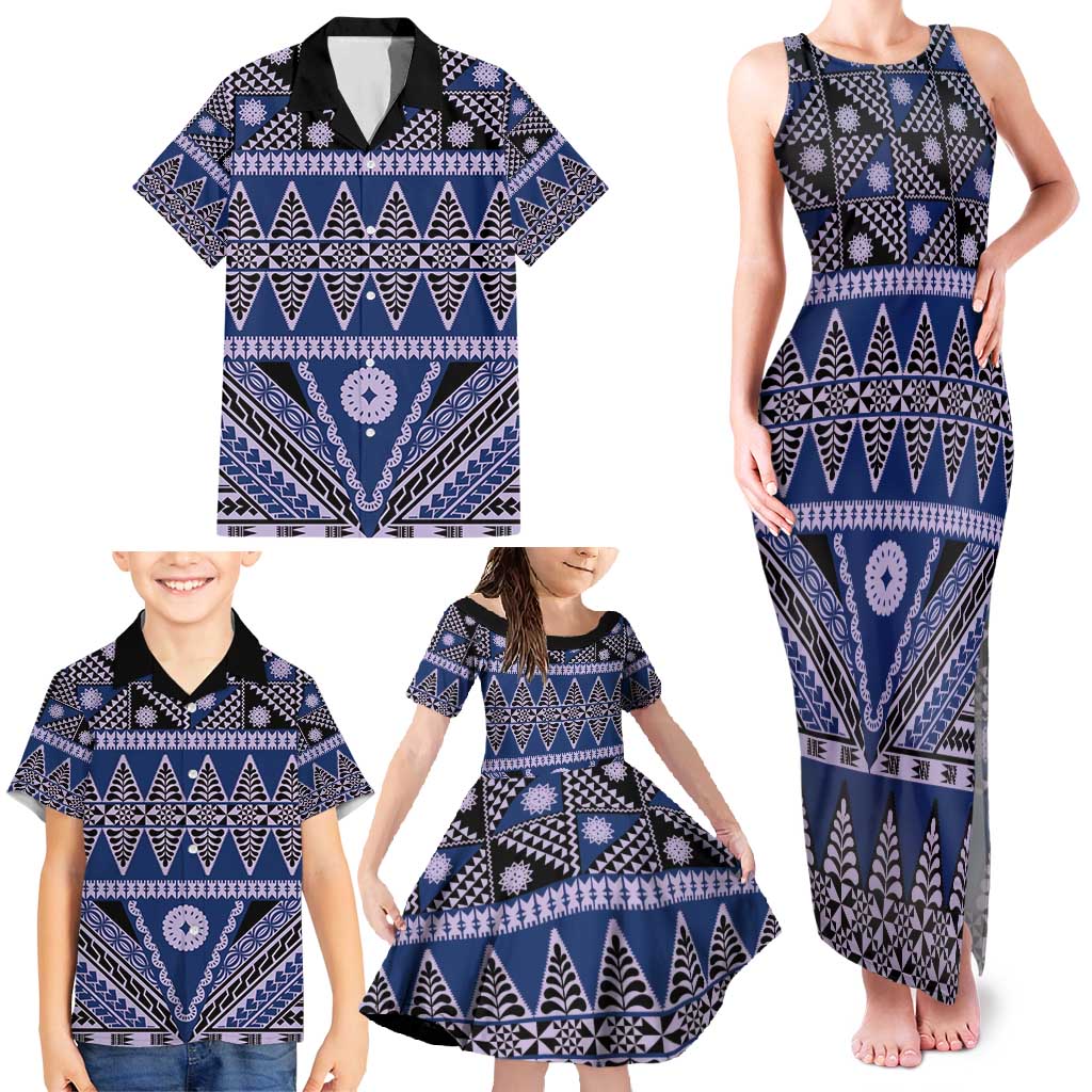 Vintage Bula Fiji Family Matching Tank Maxi Dress and Hawaiian Shirt Prussian Blue Tapa Masi Motif