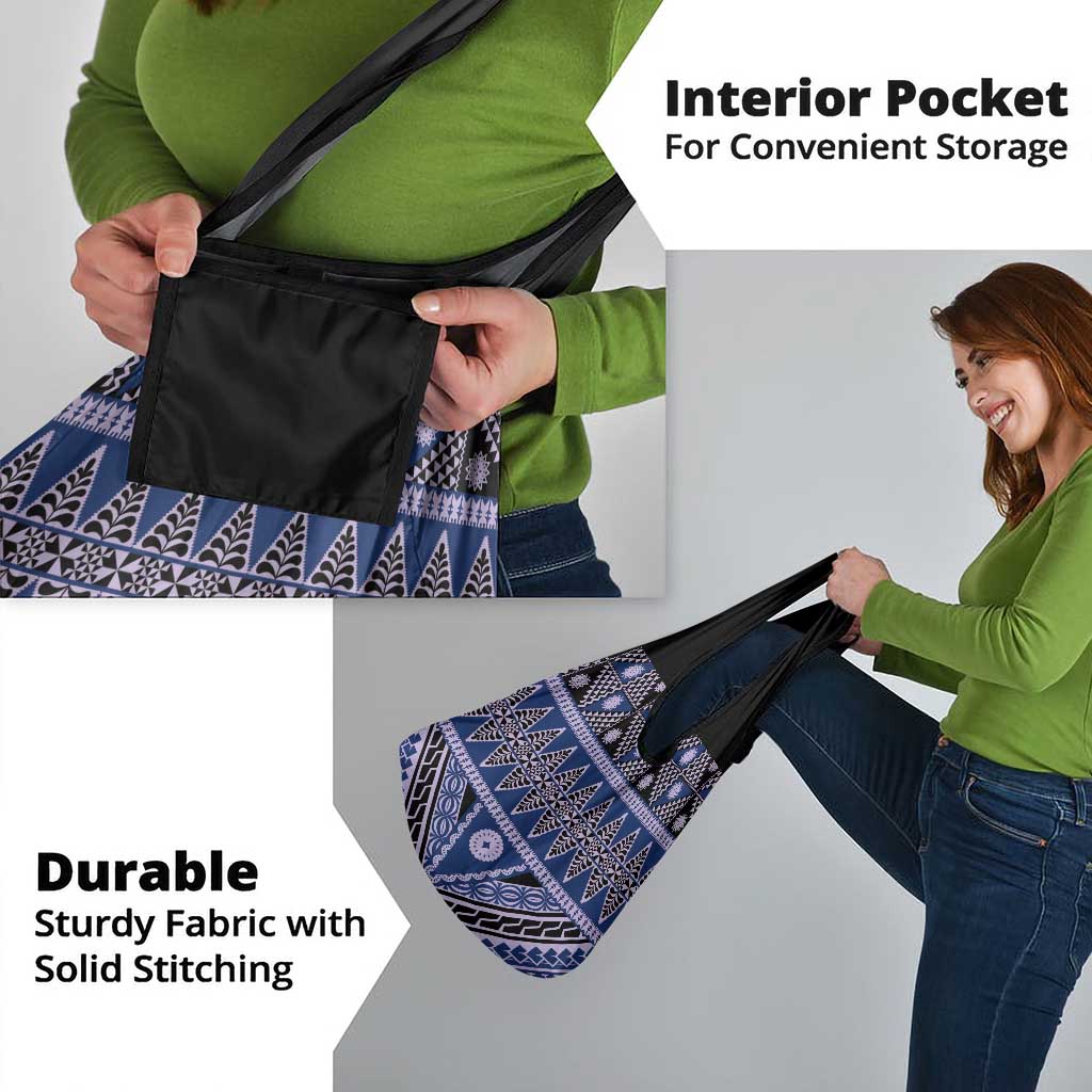 Vintage Bula Fiji Grocery Bag Prussian Blue Tapa Masi Motif