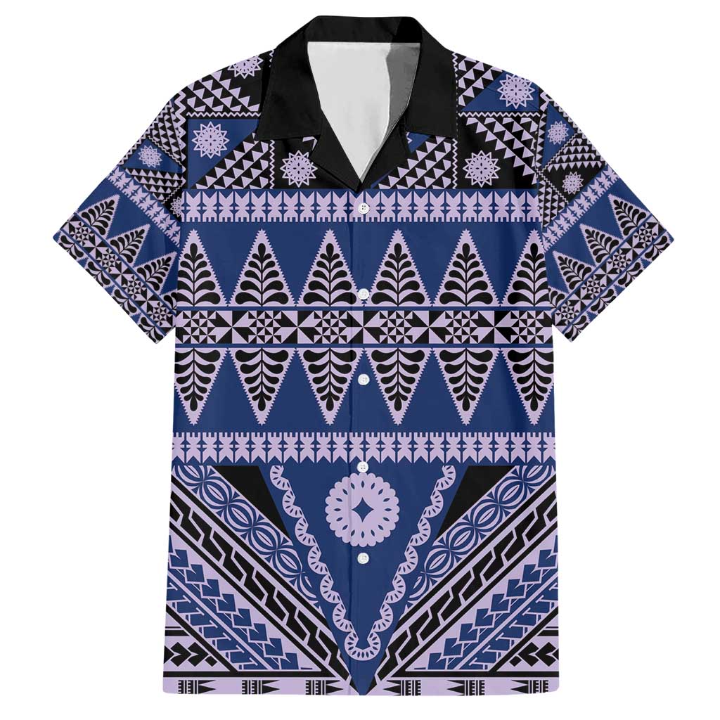Vintage Bula Fiji Hawaiian Shirt Prussian Blue Tapa Masi Motif