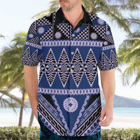 Vintage Bula Fiji Hawaiian Shirt Prussian Blue Tapa Masi Motif