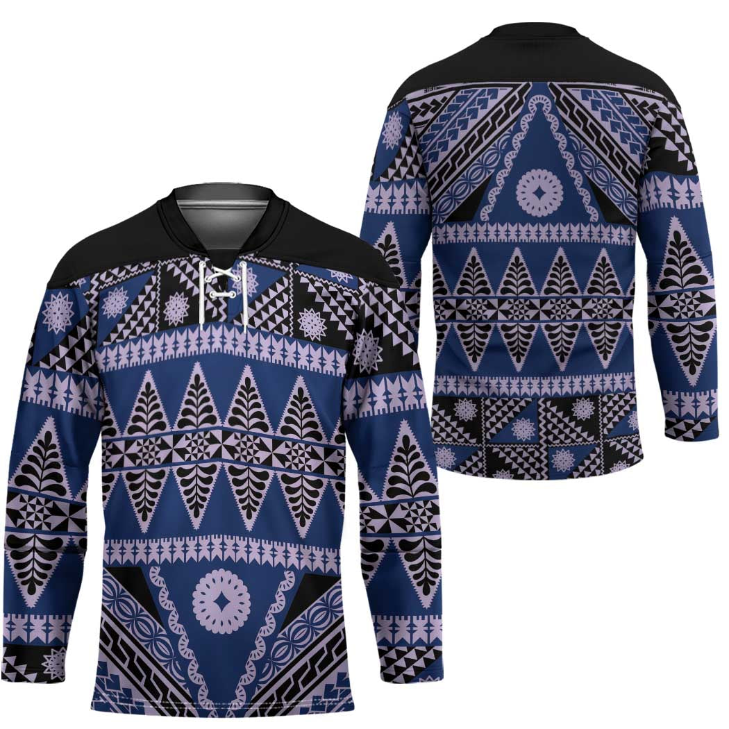 Vintage Bula Fiji Hockey Jersey Prussian Blue Tapa Masi Motif - Polynesian Pride