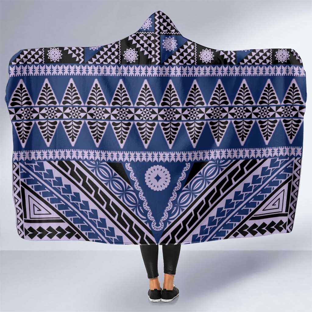 Vintage Bula Fiji Hooded Blanket Prussian Blue Tapa Masi Motif