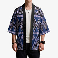 Vintage Bula Fiji Kimono Prussian Blue Tapa Masi Motif - Polynesian Pride