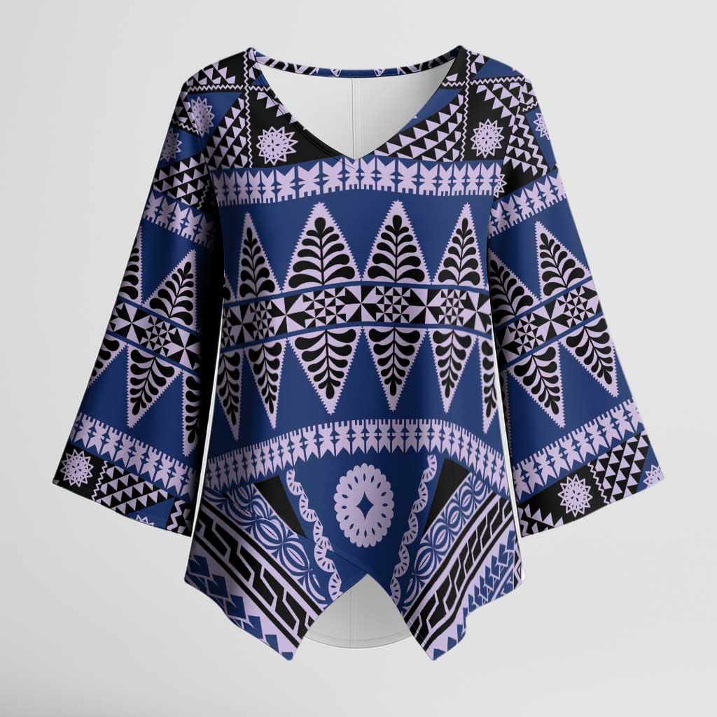 Vintage Bula Fiji Kimono Sleeve Blouse Prussian Blue Tapa Masi Motif - Polynesian Pride