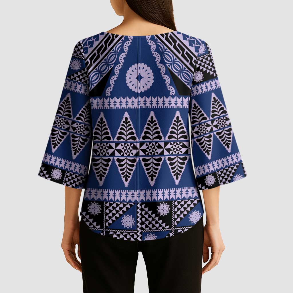 Vintage Bula Fiji Kimono Sleeve Blouse Prussian Blue Tapa Masi Motif - Polynesian Pride