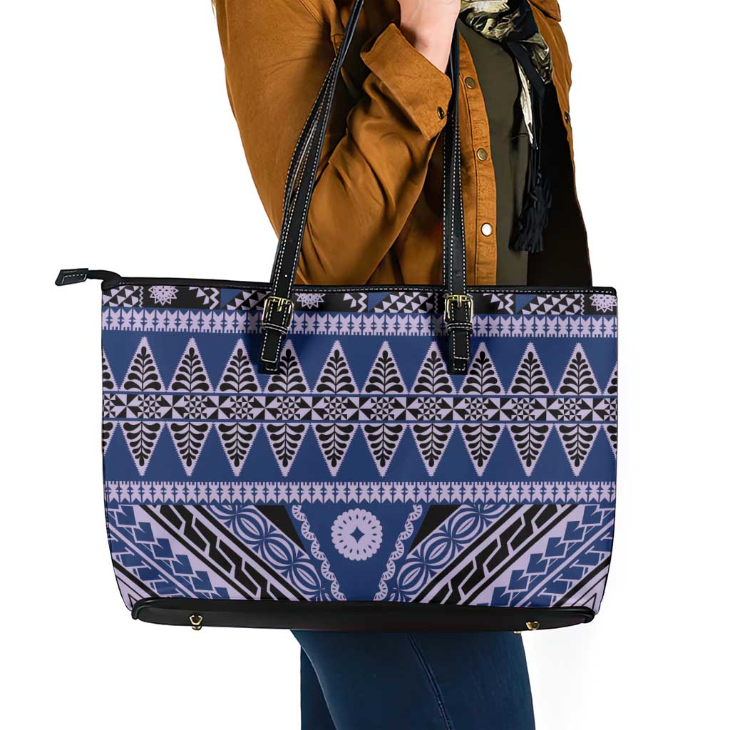 Vintage Bula Fiji Leather Tote Bag Prussian Blue Tapa Masi Motif