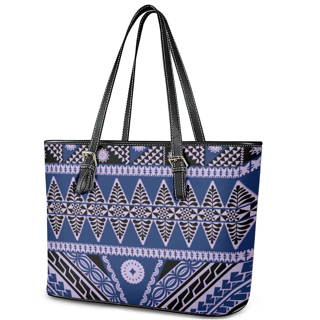 Vintage Bula Fiji Leather Tote Bag Prussian Blue Tapa Masi Motif