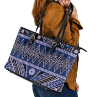 Vintage Bula Fiji Leather Tote Bag Prussian Blue Tapa Masi Motif