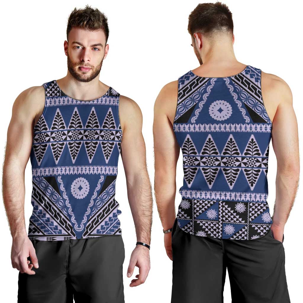 Vintage Bula Fiji Men Tank Top Prussian Blue Tapa Masi Motif