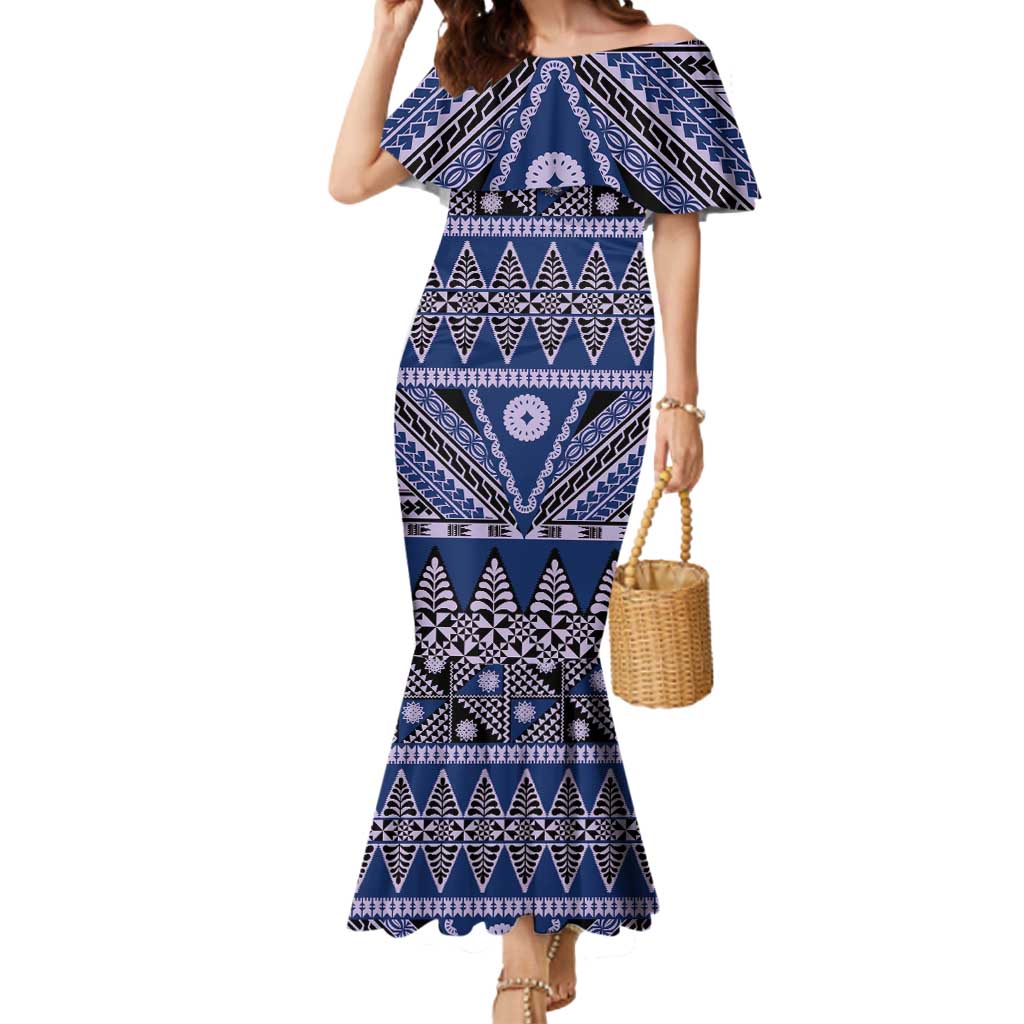 Vintage Bula Fiji Mermaid Dress Prussian Blue Tapa Masi Motif