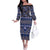 Vintage Bula Fiji Off The Shoulder Long Sleeve Dress Prussian Blue Tapa Masi Motif