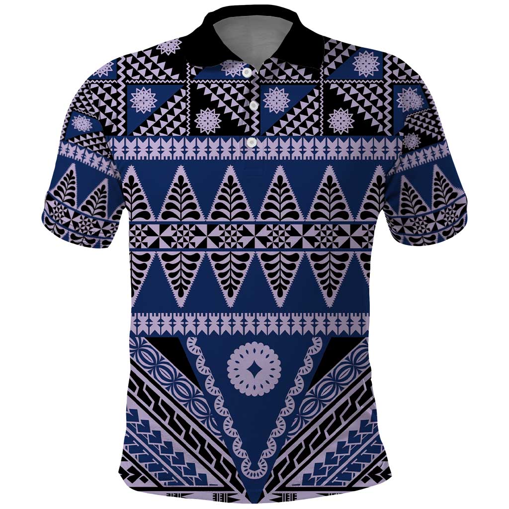 Vintage Bula Fiji Polo Shirt Prussian Blue Tapa Masi Motif