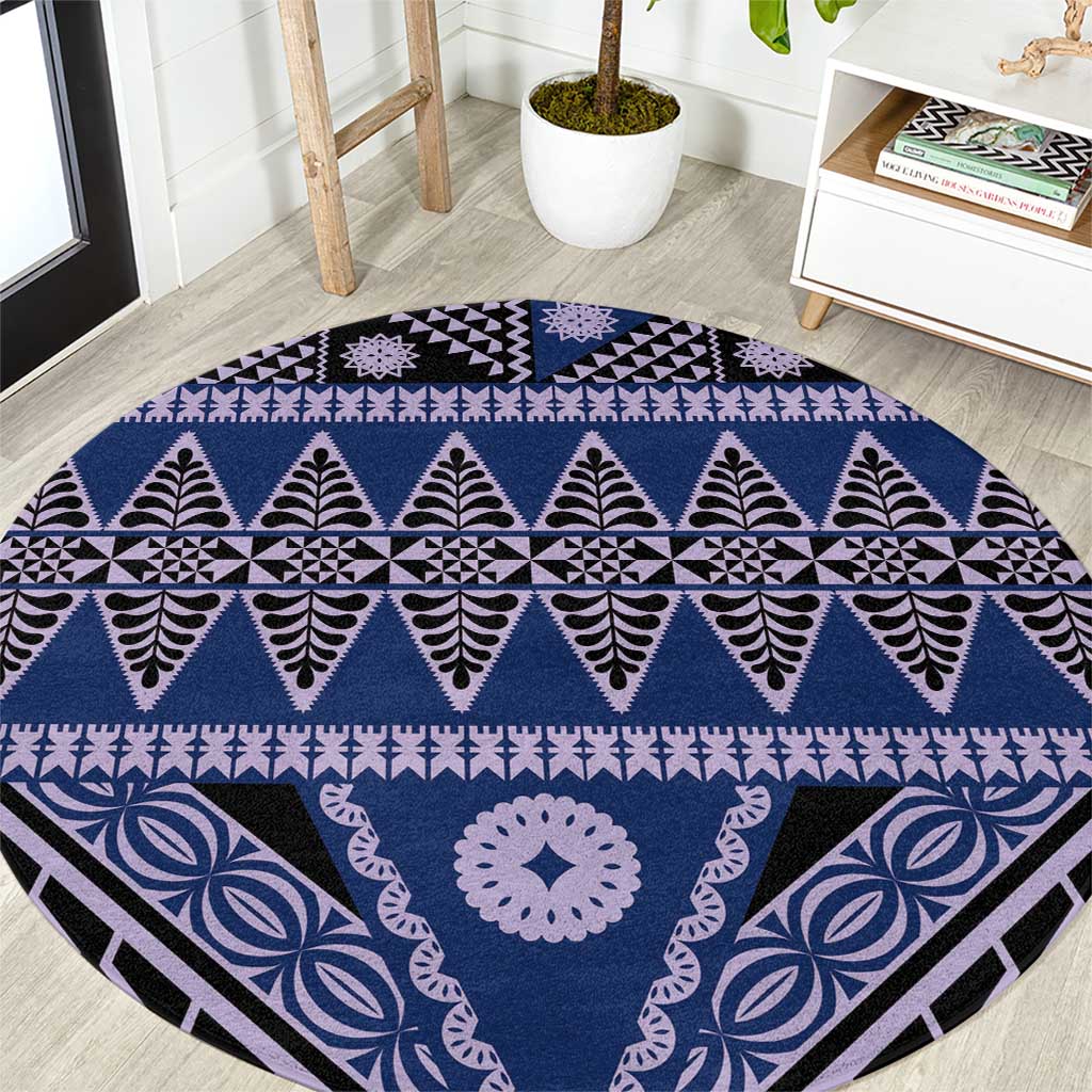 Vintage Bula Fiji Round Carpet Prussian Blue Tapa Masi Motif