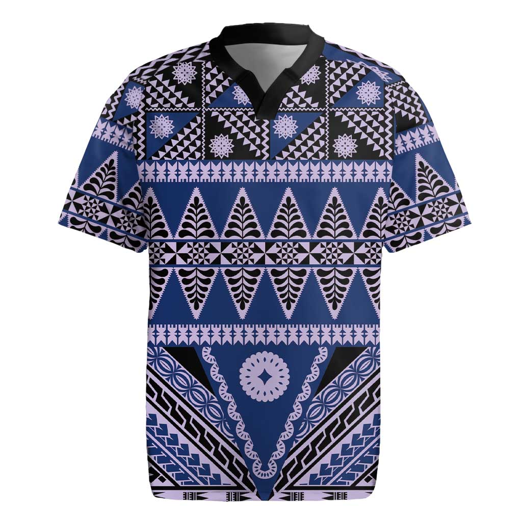 Vintage Bula Fiji Rugby Jersey Prussian Blue Tapa Masi Motif