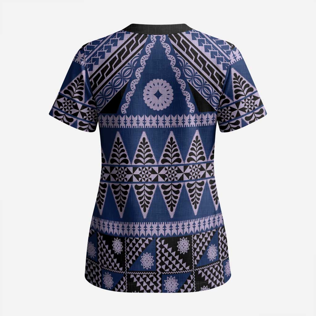 Vintage Bula Fiji Scrub Top Prussian Blue Tapa Masi Motif - Polynesian Pride