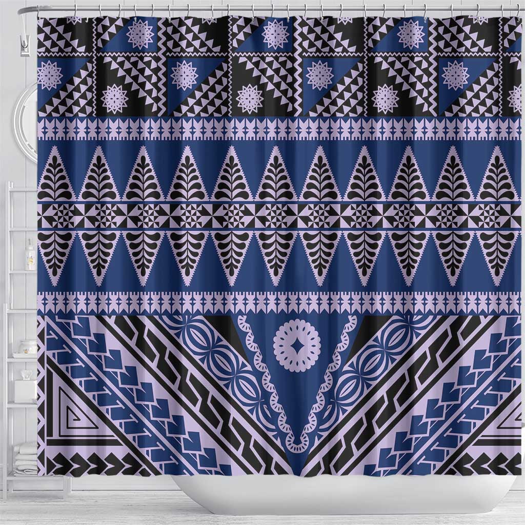 Vintage Bula Fiji Shower Curtain Prussian Blue Tapa Masi Motif