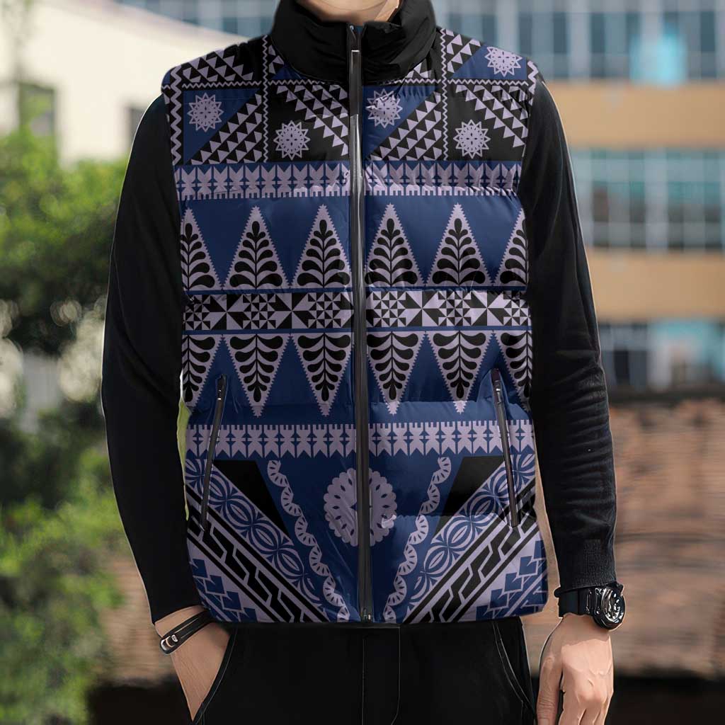 Vintage Bula Fiji Sleeveless Puffer Jacket Prussian Blue Tapa Masi Motif - Polynesian Pride