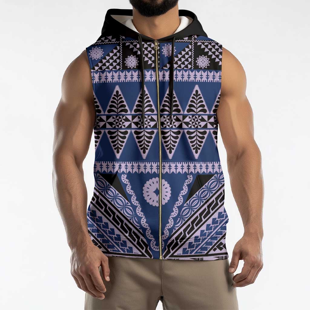 Vintage Bula Fiji Sleeveless Zip Hoodie Prussian Blue Tapa Masi Motif - Polynesian Pride