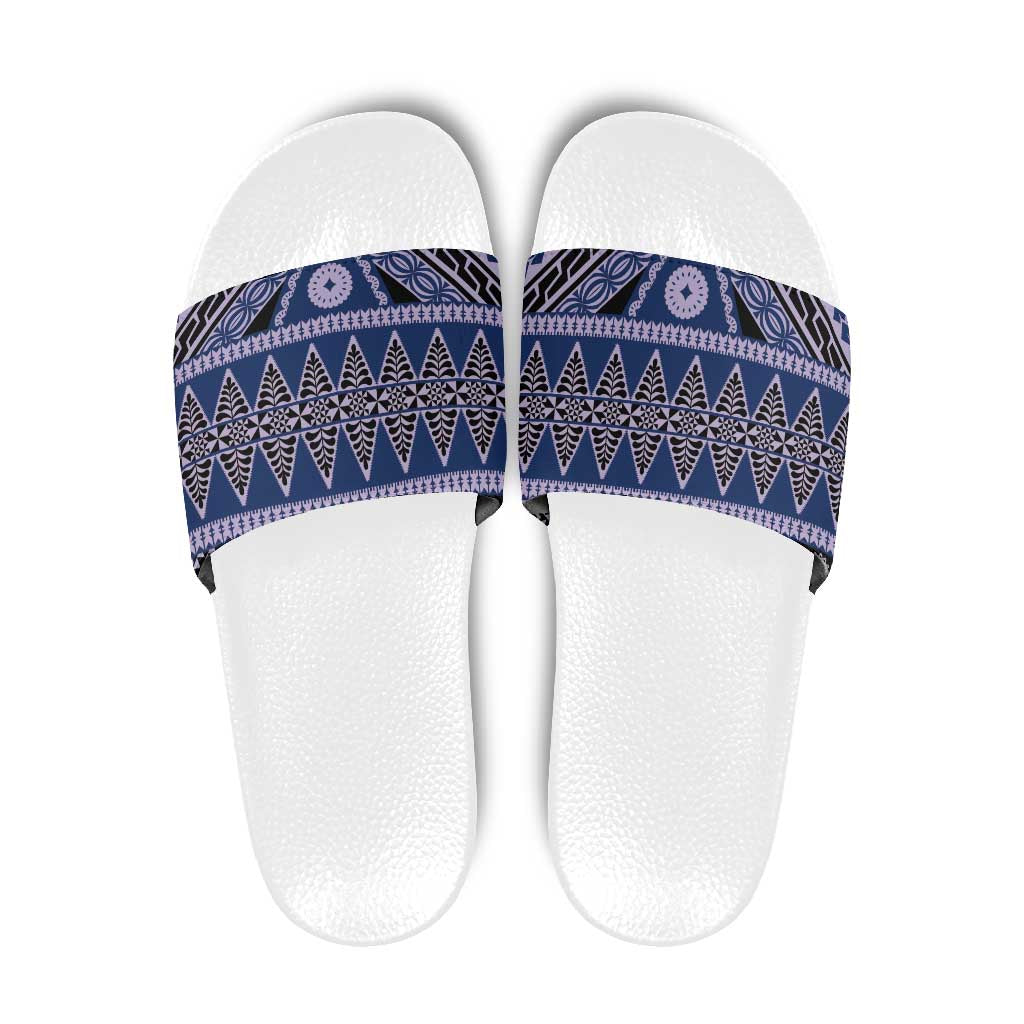 Vintage Bula Fiji Slide Sandals Prussian Blue Tapa Masi Motif - Polynesian Pride