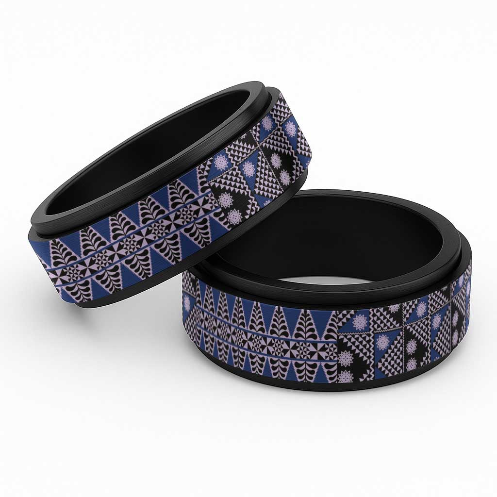 Vintage Bula Fiji Spinner Ring Prussian Blue Tapa Masi Motif - Polynesian Pride