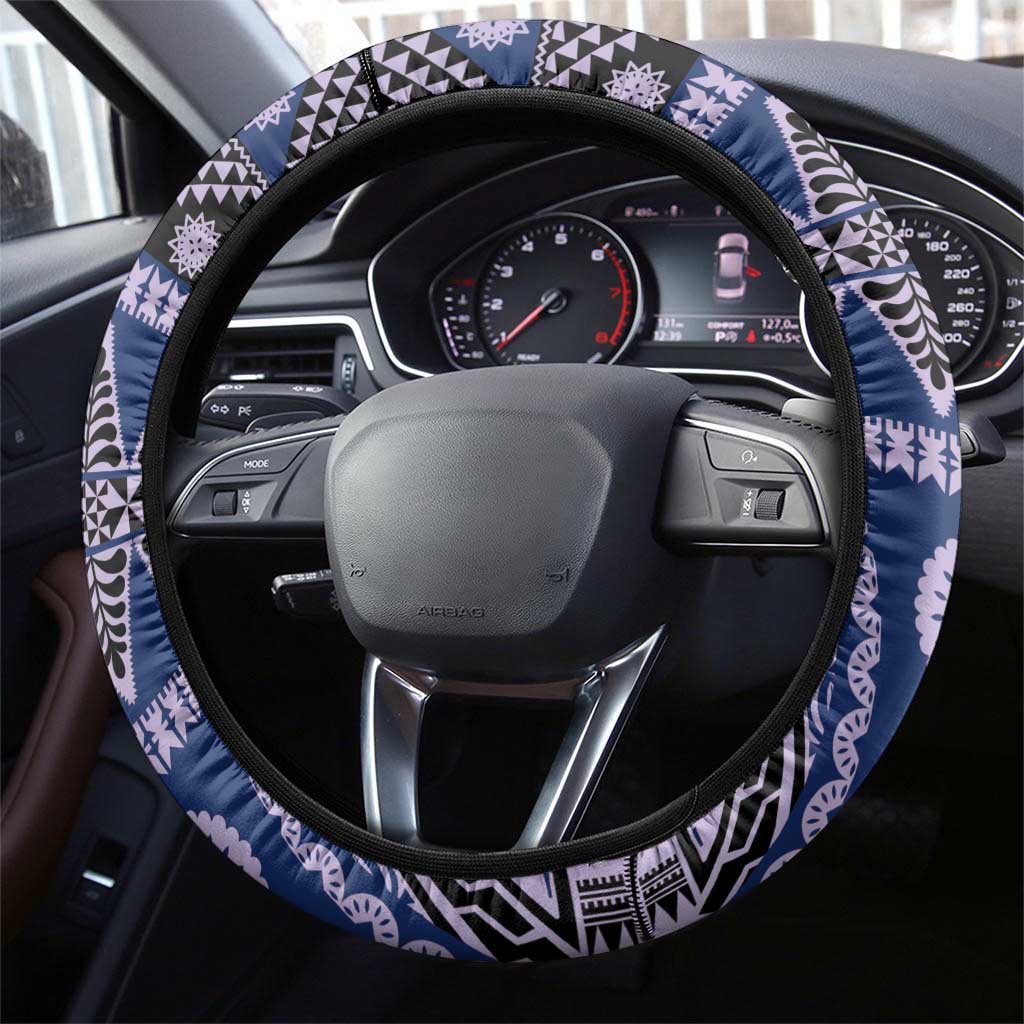 Vintage Bula Fiji Steering Wheel Cover Prussian Blue Tapa Masi Motif