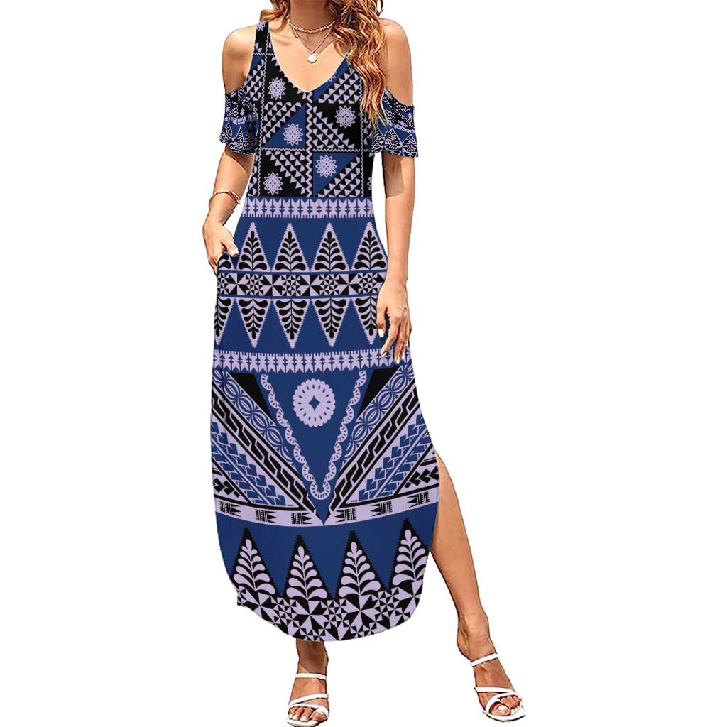 Vintage Bula Fiji Summer Maxi Dress Prussian Blue Tapa Masi Motif