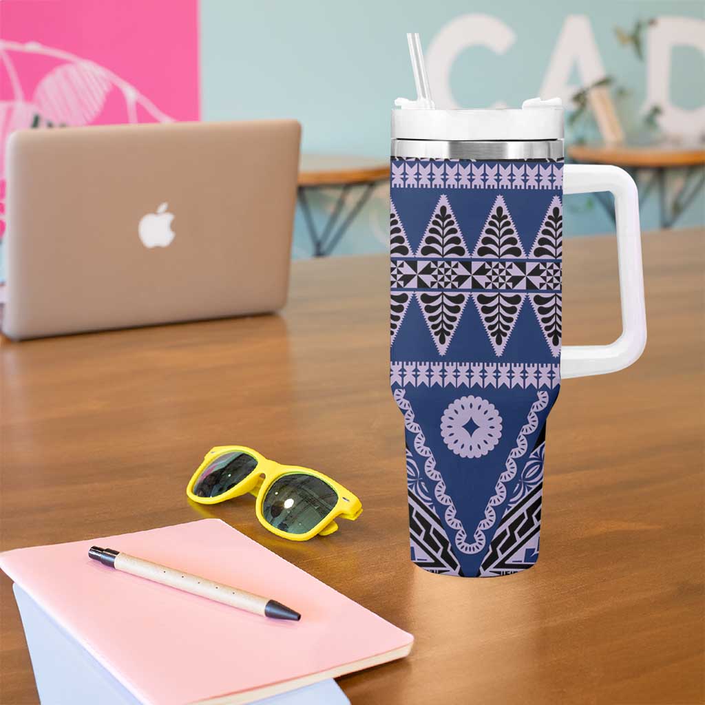 Vintage Bula Fiji Tumbler With Handle Prussian Blue Tapa Masi Motif