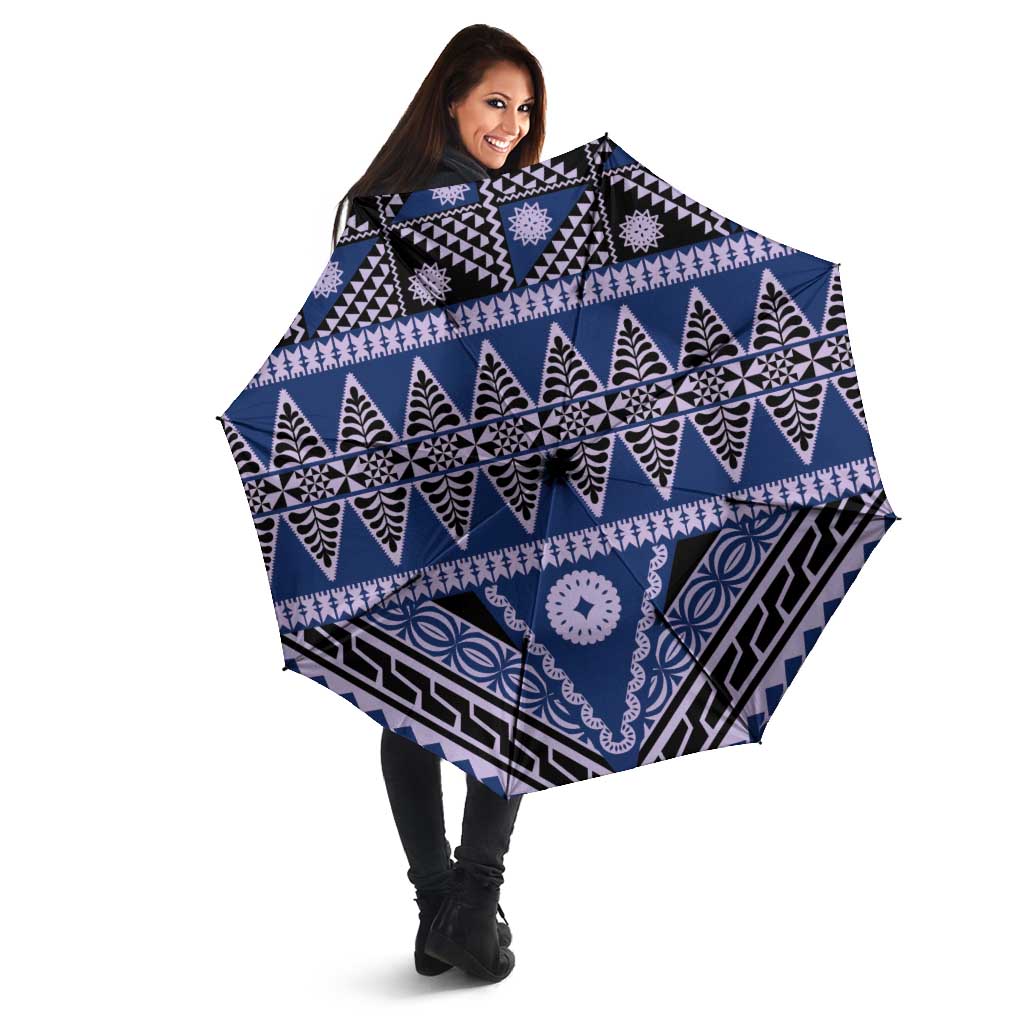 Vintage Bula Fiji Umbrella Prussian Blue Tapa Masi Motif - Polynesian Pride