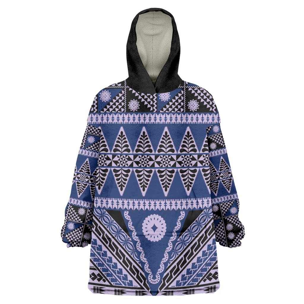 Vintage Bula Fiji Wearable Blanket Hoodie Prussian Blue Tapa Masi Motif