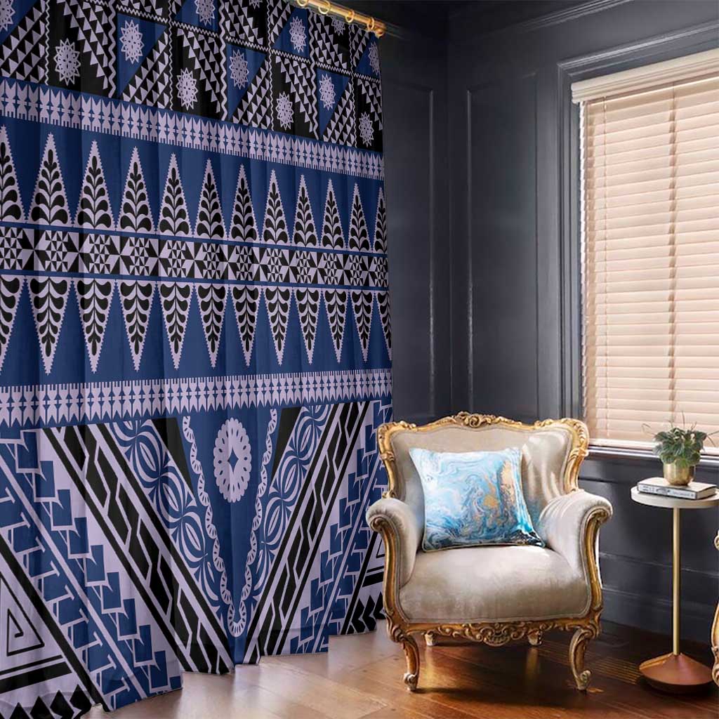 Vintage Bula Fiji Window Curtain Prussian Blue Tapa Masi Motif