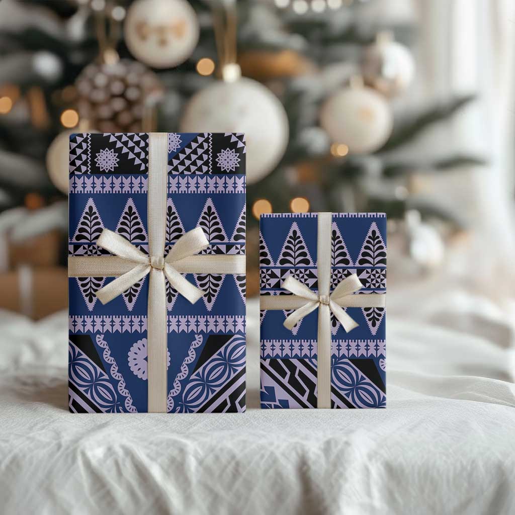 Vintage Bula Fiji Wrapping Paper Prussian Blue Tapa Masi Motif - Polynesian Pride