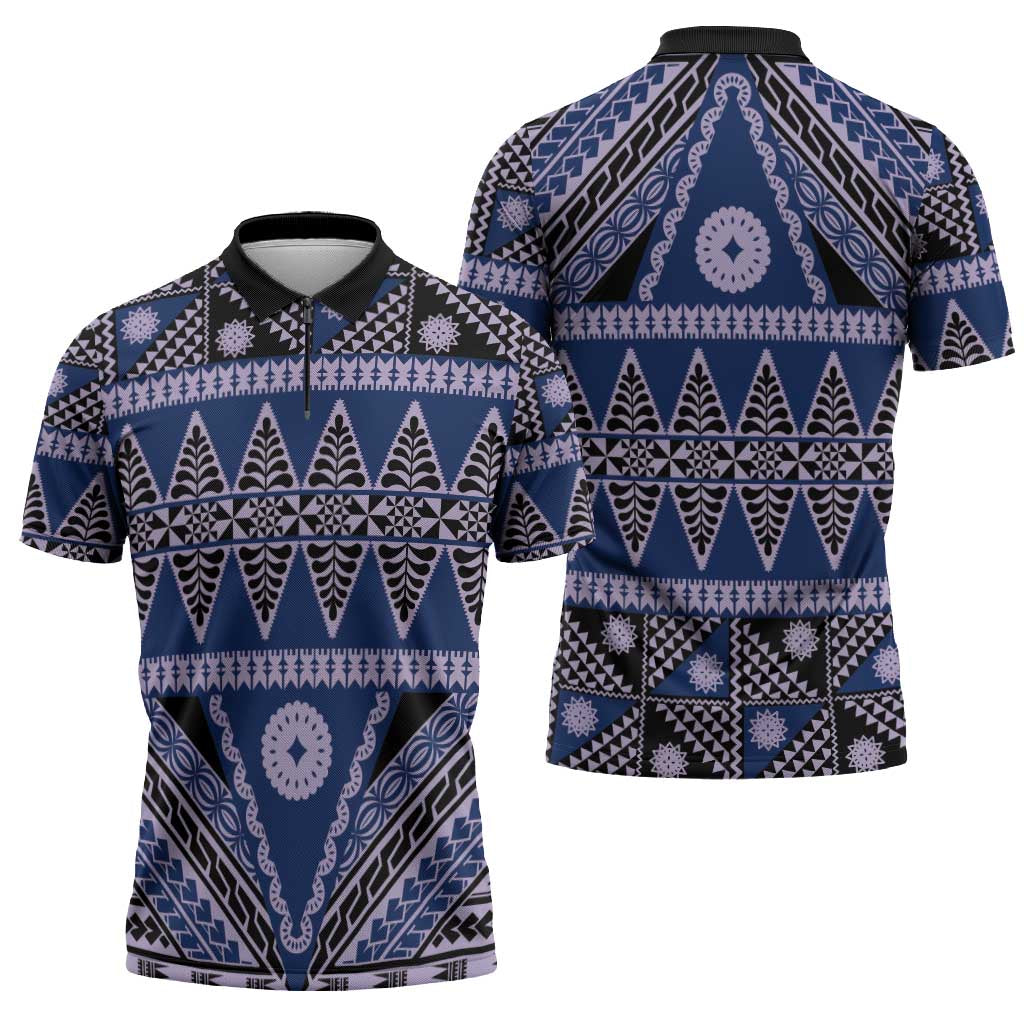 Vintage Bula Fiji Zipper Polo Shirt Prussian Blue Tapa Masi Motif - Polynesian Pride