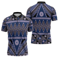 Vintage Bula Fiji Zipper Polo Shirt Prussian Blue Tapa Masi Motif - Polynesian Pride