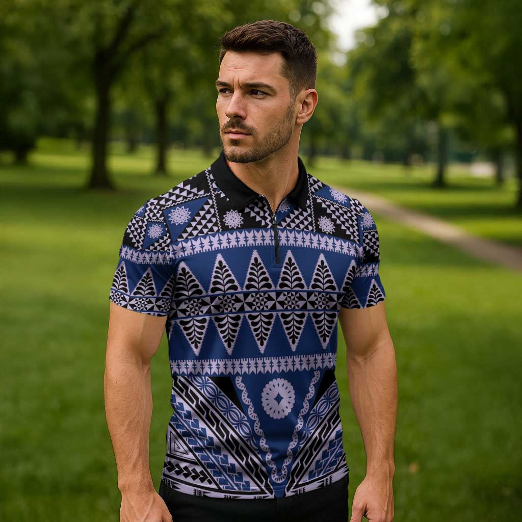 Vintage Bula Fiji Zipper Polo Shirt Prussian Blue Tapa Masi Motif - Polynesian Pride