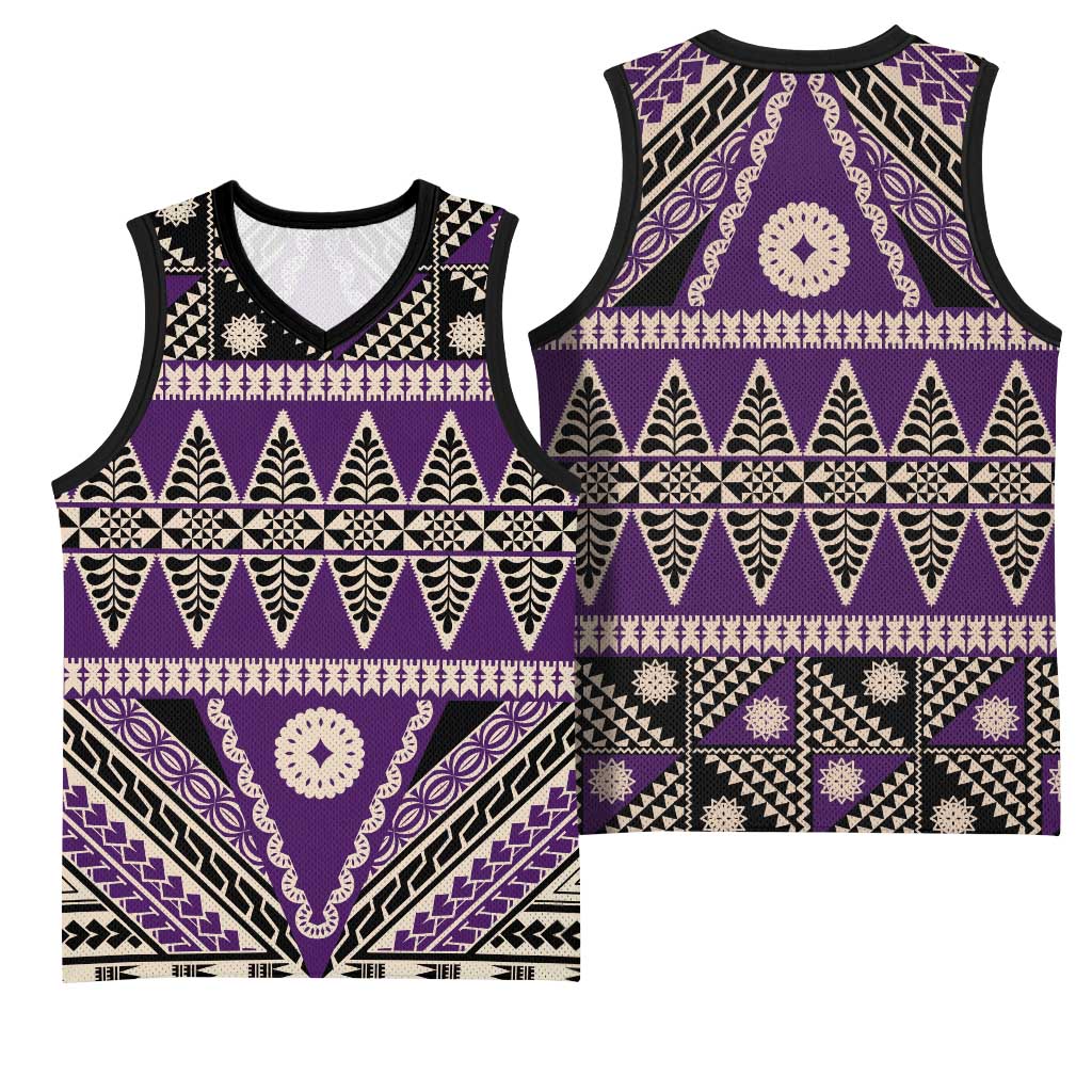 Vintage Bula Fiji Basketball Jersey Purple Tapa Masi Motif - Polynesian Pride