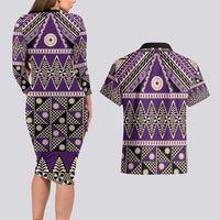 Vintage Bula Fiji Couples Matching Long Sleeve Bodycon Dress and Hawaiian Shirt Purple Tapa Masi Motif