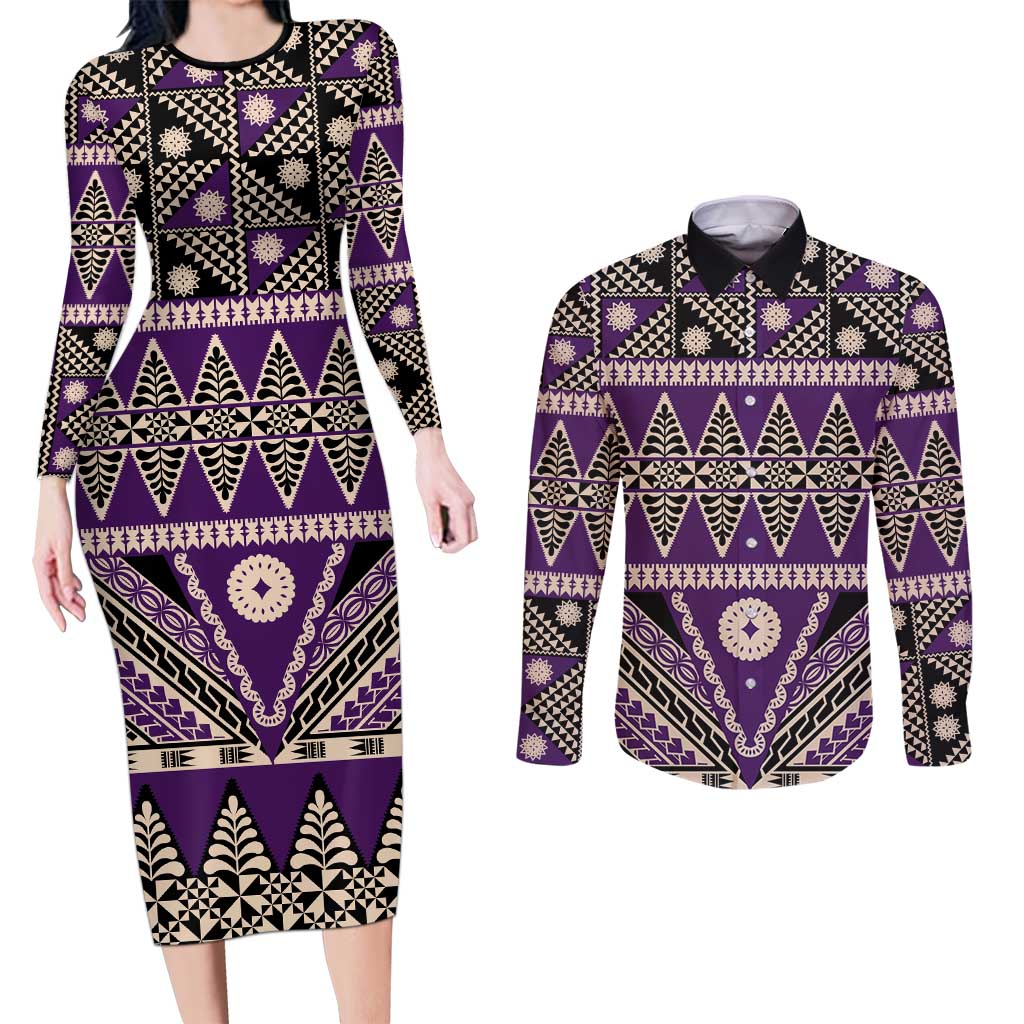 Vintage Bula Fiji Couples Matching Long Sleeve Bodycon Dress and Long Sleeve Button Shirt Purple Tapa Masi Motif