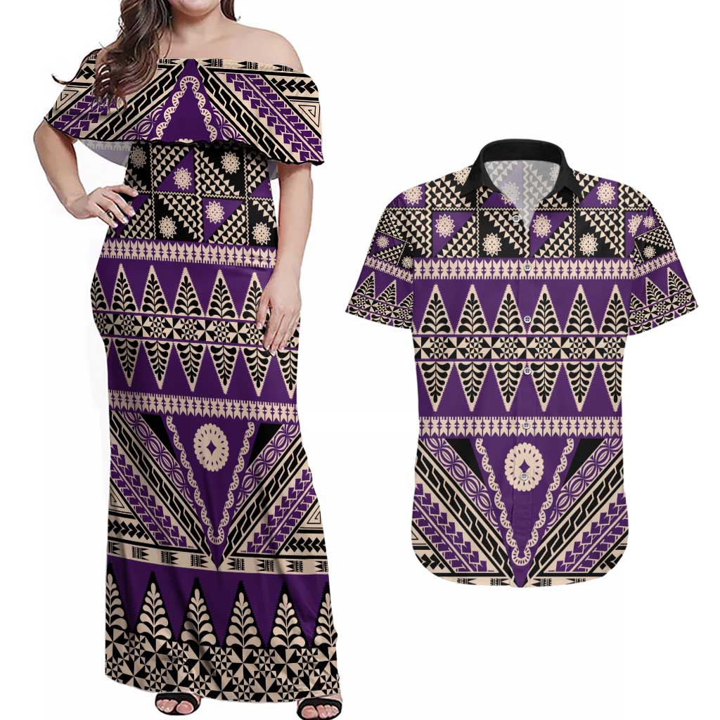 Vintage Bula Fiji Couples Matching Off Shoulder Maxi Dress and Hawaiian Shirt Purple Tapa Masi Motif