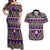Vintage Bula Fiji Couples Matching Off Shoulder Maxi Dress and Hawaiian Shirt Purple Tapa Masi Motif
