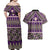 Vintage Bula Fiji Couples Matching Off Shoulder Maxi Dress and Hawaiian Shirt Purple Tapa Masi Motif