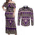 Vintage Bula Fiji Couples Matching Off Shoulder Maxi Dress and Long Sleeve Button Shirt Purple Tapa Masi Motif