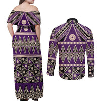 Vintage Bula Fiji Couples Matching Off Shoulder Maxi Dress and Long Sleeve Button Shirt Purple Tapa Masi Motif