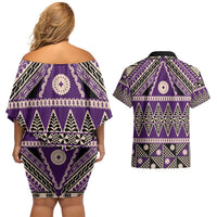 Vintage Bula Fiji Couples Matching Off Shoulder Short Dress and Hawaiian Shirt Purple Tapa Masi Motif