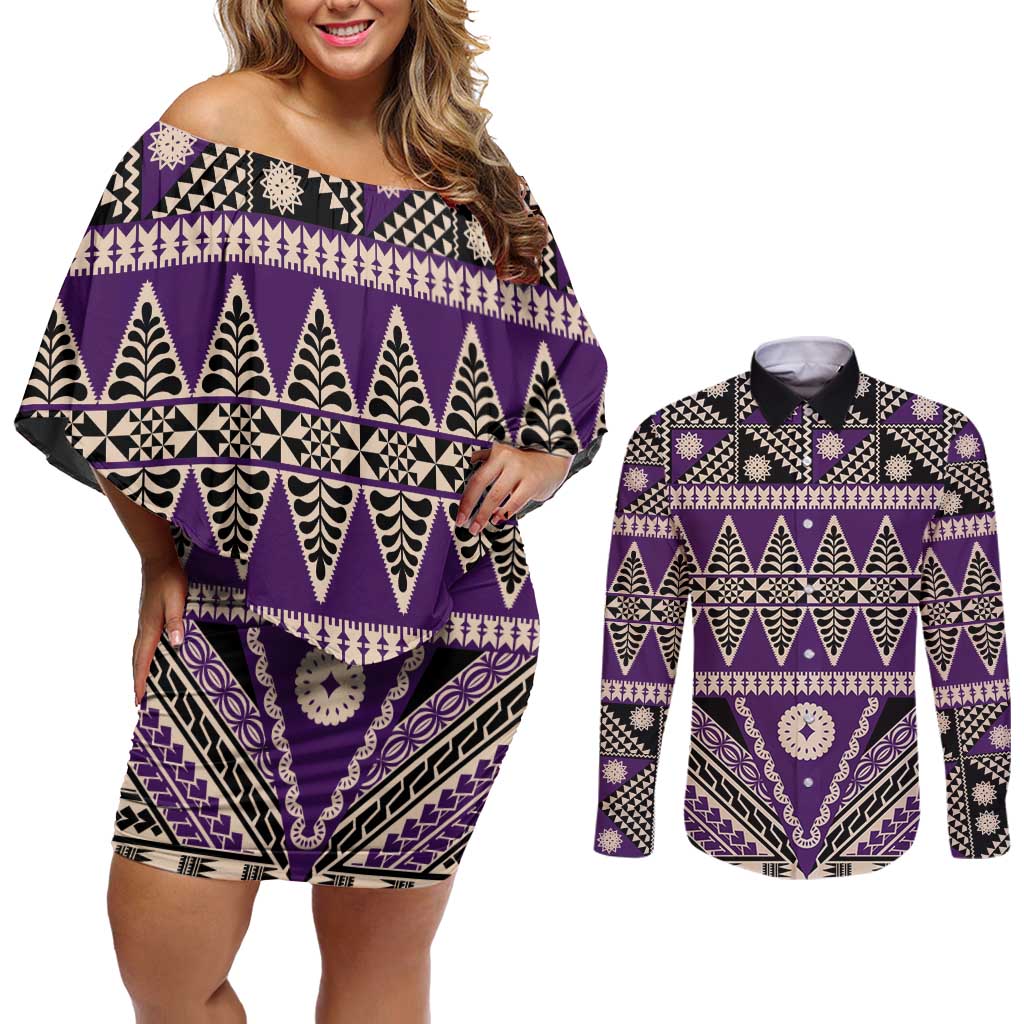 Vintage Bula Fiji Couples Matching Off Shoulder Short Dress and Long Sleeve Button Shirt Purple Tapa Masi Motif