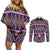 Vintage Bula Fiji Couples Matching Off Shoulder Short Dress and Long Sleeve Button Shirt Purple Tapa Masi Motif