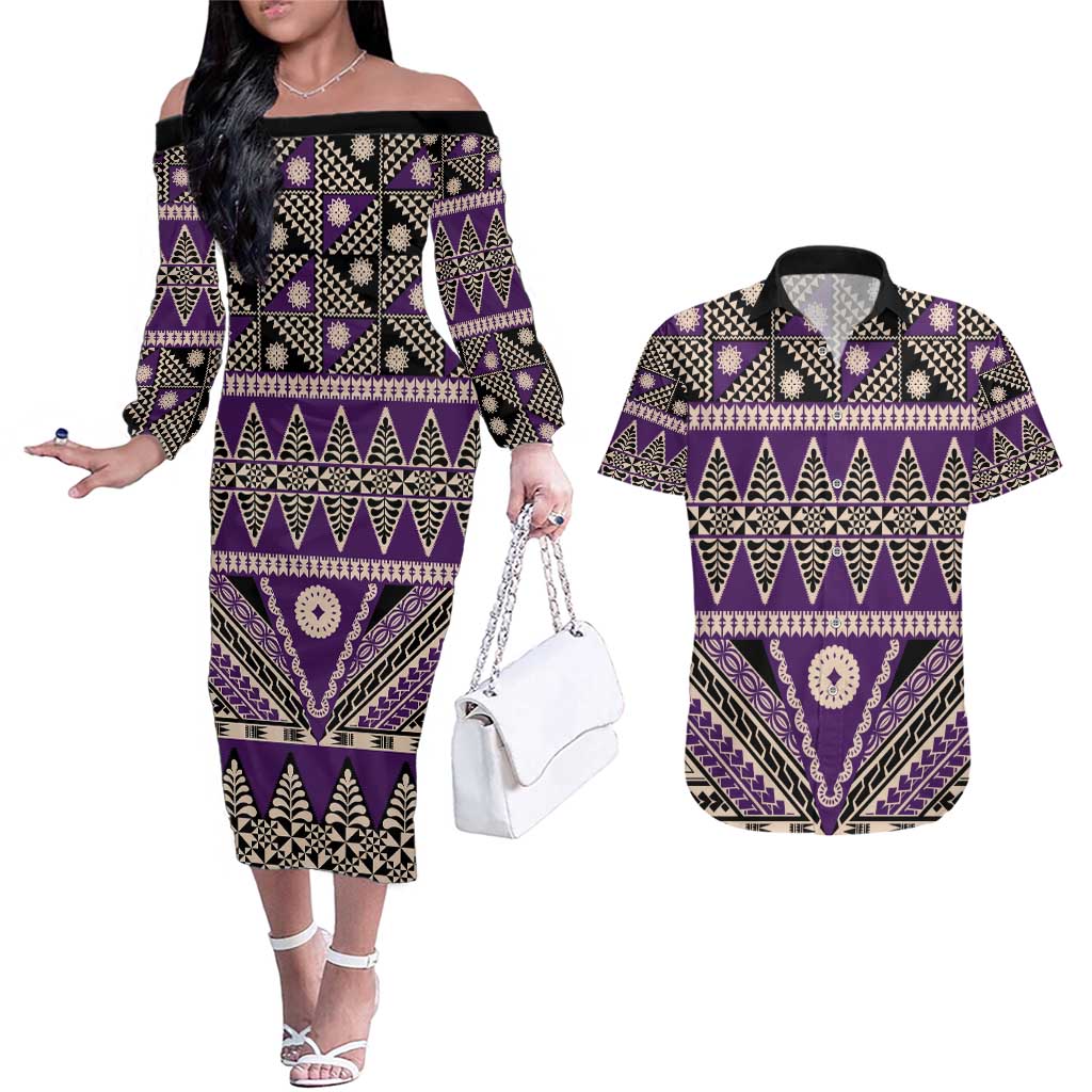 Vintage Bula Fiji Couples Matching Off The Shoulder Long Sleeve Dress and Hawaiian Shirt Purple Tapa Masi Motif