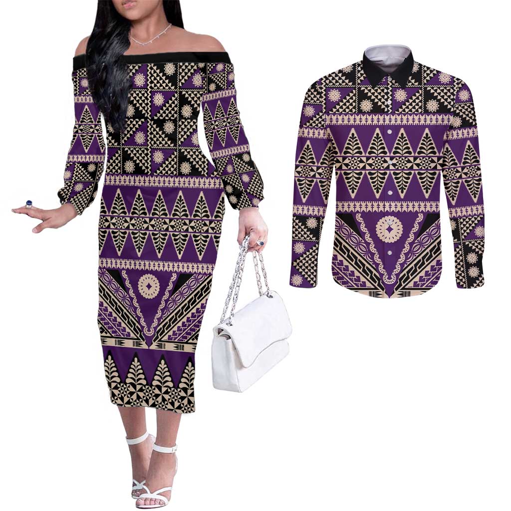 Vintage Bula Fiji Couples Matching Off The Shoulder Long Sleeve Dress and Long Sleeve Button Shirt Purple Tapa Masi Motif
