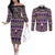 Vintage Bula Fiji Couples Matching Off The Shoulder Long Sleeve Dress and Long Sleeve Button Shirt Purple Tapa Masi Motif