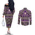 Vintage Bula Fiji Couples Matching Off The Shoulder Long Sleeve Dress and Long Sleeve Button Shirt Purple Tapa Masi Motif