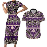 Vintage Bula Fiji Couples Matching Short Sleeve Bodycon Dress and Hawaiian Shirt Purple Tapa Masi Motif